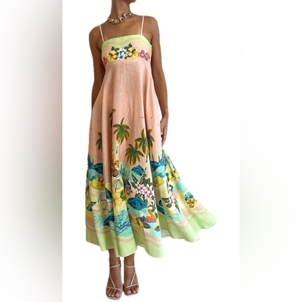 Beautiful Print Maxi Dress Adjustable Spaghetti Straps & Pockets Size Large